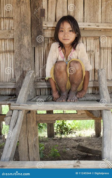 Asian Girl Akha before Timber House, Laos Stock Photo - Image of ethnic ...
