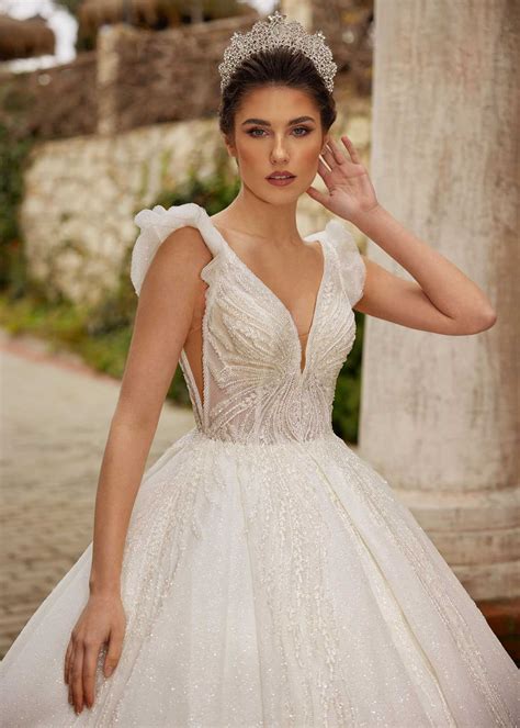 buy Beautiful Ruffled Sleeveless A Line Deep V Neck Wedding Dress With