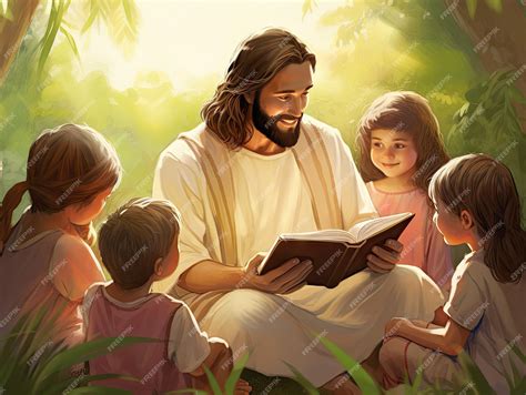 Hermosa escena de Jesús enseñando a los niños leyendo la Biblia ...