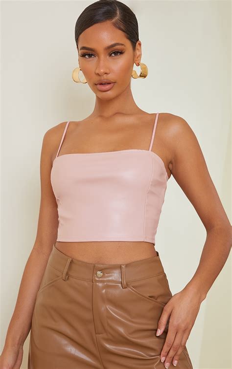 Light Pink Faux Leather Crop Top | Tops | PrettyLittleThing USA
