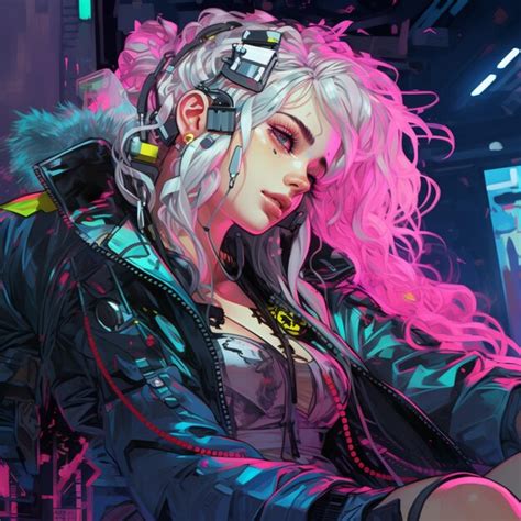 cyber girl  headphones   jacket  sitting   room generative