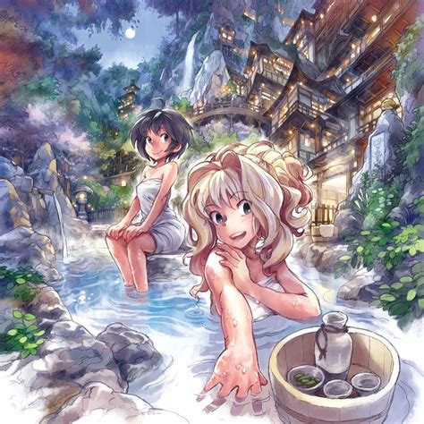 anime art onsen hot springs eastern architecture nature
