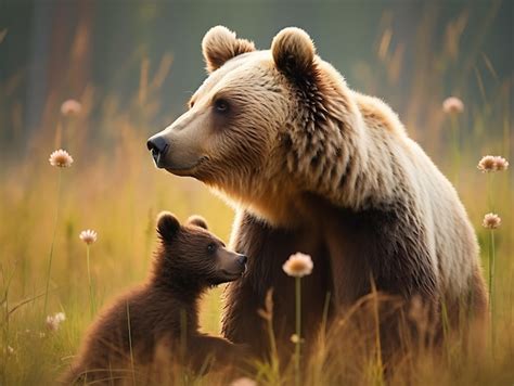 Premium AI Image | Mother bear and cub in a serene natural setting ...