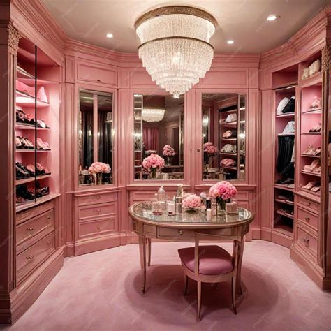 Premium Photo | A pink dressing room with a chandelier and a pink chair
