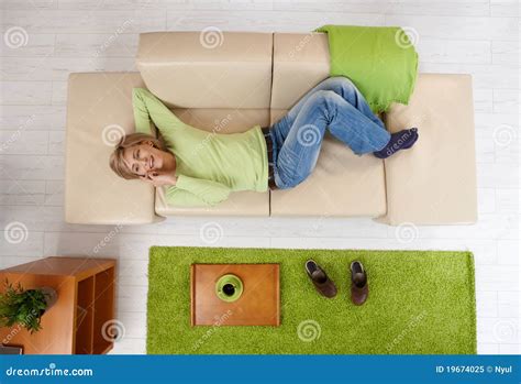 Woman Talking on Phone on Couch Stock Image - Image of hand, angle ...