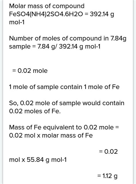 Find the mass of each element in 7.84g of FeSO4. (NH4) 2So4.6H2O. What ...
