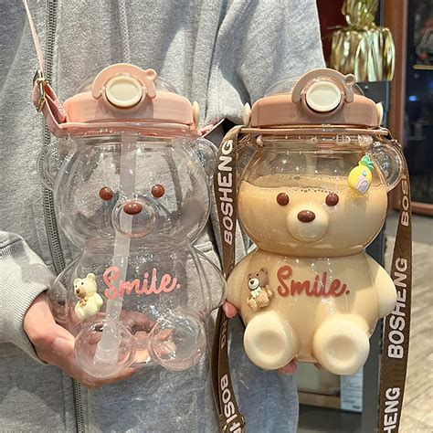 Bouteille d'eau de 1000 ml avec paille en forme d'ours Kawaii - Grande ...