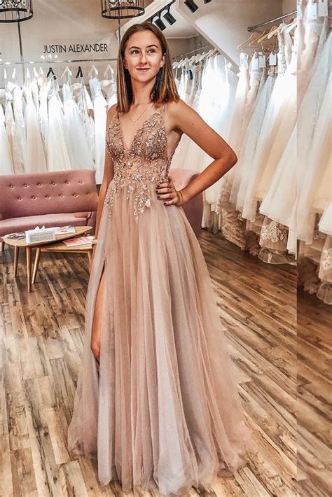 A Line V Neck Champagne Tulle Long Prom Dress, V Neck Champagne Formal ...