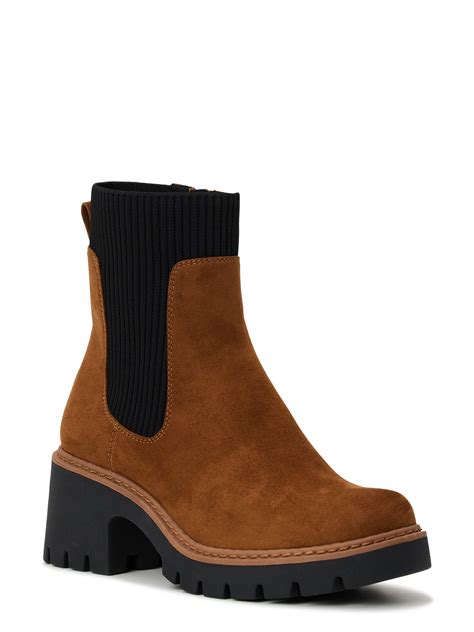 No Boundaries Women's Lug Sole Chelsea Booties with Knit Panel and ...