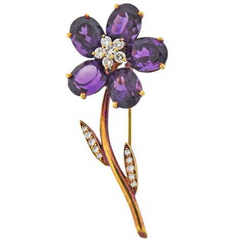 Tiffany and Co. Amethyst Diamond Gold Flower Brooch For Sale at 1stDibs