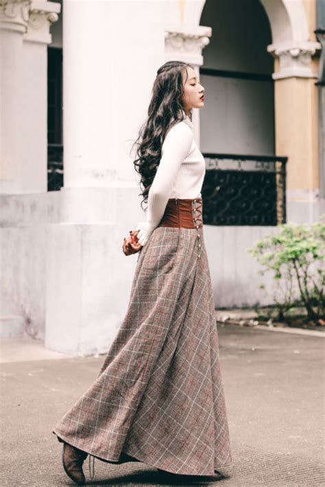 Women Checkered Skirts Vintage High Waisted Button Long Maxi Cotton ...