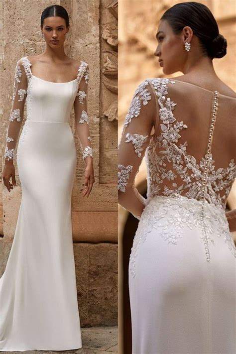 Scoop Neck Crepe Long Sleeve Mermaid Wedding Dress 