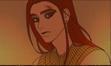 an animated woman with red hair and brown eyes looks at the camera ...