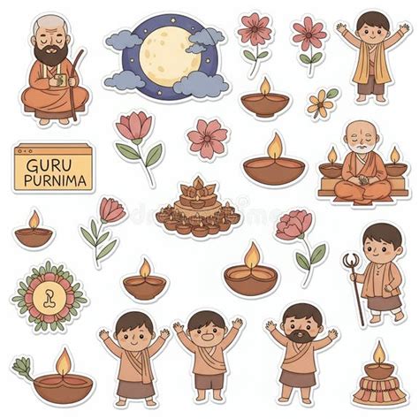 guru purnima celebration stickers gurus disciples lamps  flowers