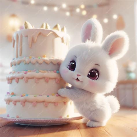 Premium Photo | Cute little fluffy bunny climbing on the cake Adorable ...