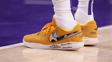 Detailed view of the Nike shoes of Los Angeles Lakers forward LeBron ...