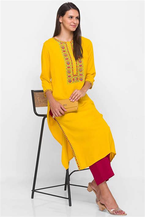 stylist mustard yellow kurti  faux mirror work lkv