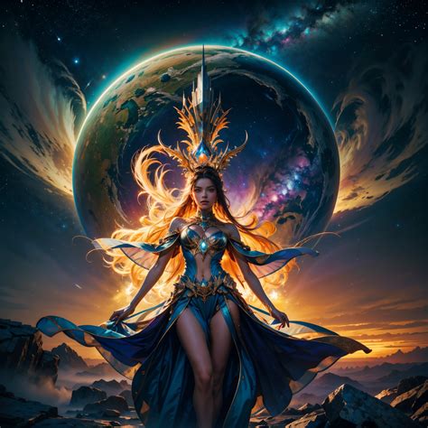 A woman in a blue dress with a sword and a large moon - SeaArt AI