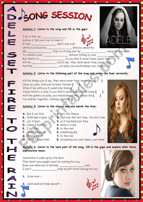 ADELE-SET FIRE TO THE RAIN-SONG SESSION!Listening activities - ESL ...