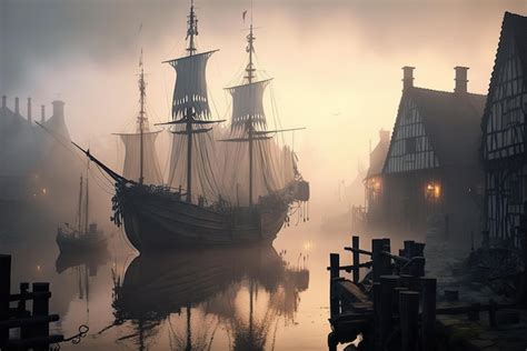 Premium AI Image | Nostalgic morning in a medieval port