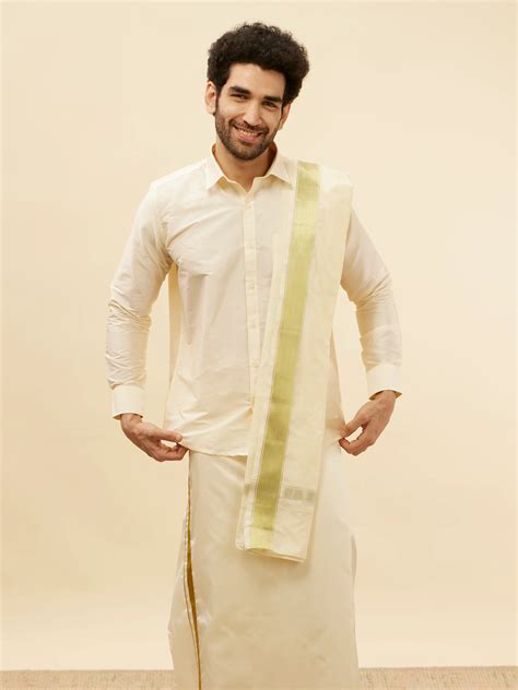 Buy Cream Traditional South Indian Shirt and Veshti Set Online in the