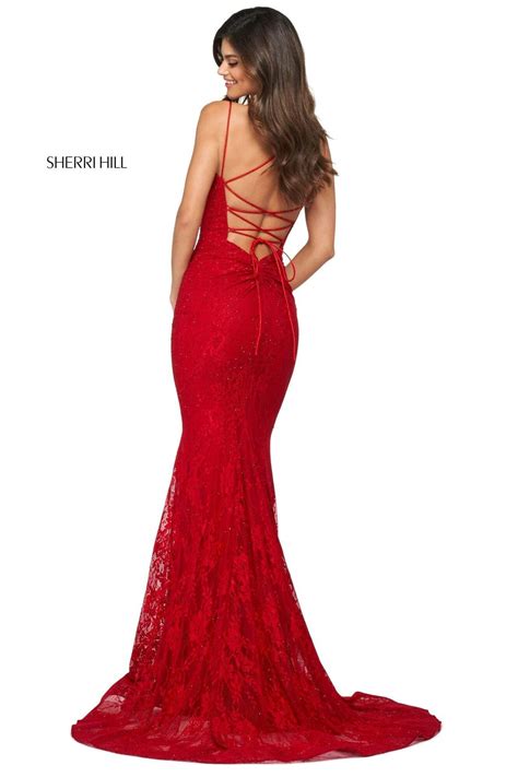 Sherri Hill - 53364 Plunging Lace Up Back Fitted Lace Dress – Couture Candy