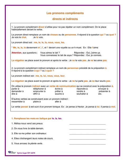 SOLUTION: Les pronoms complements direstc et indirects exercices et
