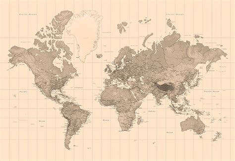 Sepia World Map Wallpaper Mural World Map Mural, Map Wall Mural, World ...