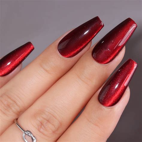 coffin maroon red cat eye fake nail medium magnetic ruby press  nails