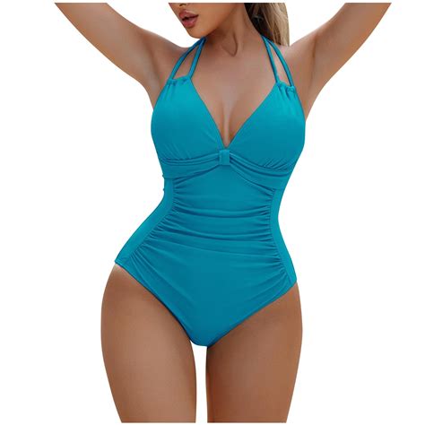 Halter One Piece Swimsuits for Women Ruched Bathing Suits Strappy V