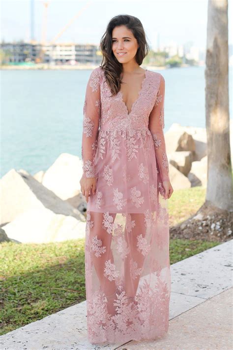 Dusty Rose Embroidered Maxi Dress with Long Sleeves | Maxi Dresses