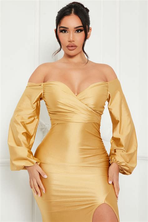Denise Off Shoulder Maxi Dress - Gold | Fashion Nova