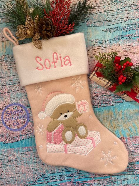 Baby Girl's First Christmas Stocking, Pink Teddy Bear Stocking, First ...