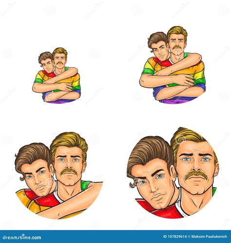 Vector Pop Art Social Network User Avatars of Gay Men Couple Embracing