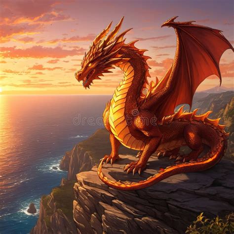A Fire Breathing Dragon Drawing Resting on a Cliffside Overlooking a ...