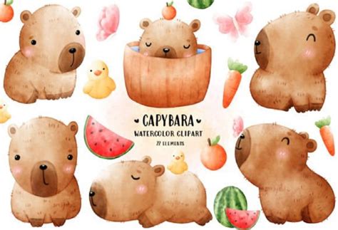 Cute Capivara em Aquarela Clipart | Elo7 Produtos Especiais