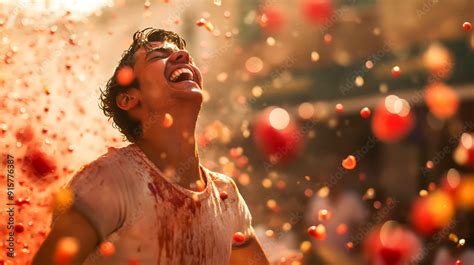 young man enjoying la tomatina festival  tomatoes thrown