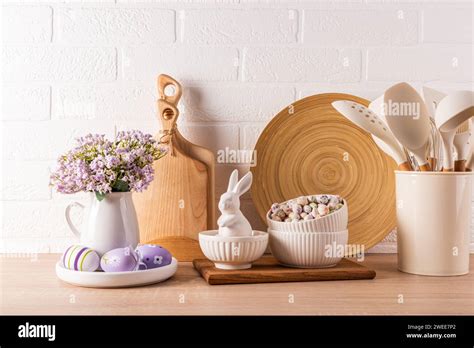 easter holiday decorations   wooden kitchen countertop  eco