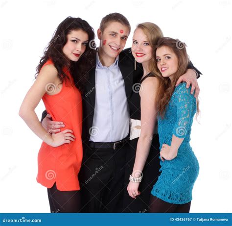 Young Man with Three Girls and Lipstick Kiss-marks Stock Image - Image