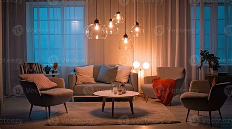 Interior of light living room with lamps. Idea for interior design ...