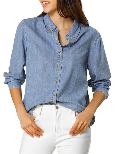 Allegra K Women's Solid Shirts Long Sleeve Button Down Denim Shirt ...