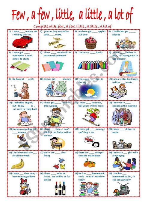 English worksheets: few, a few, little , a little , a lot of ...