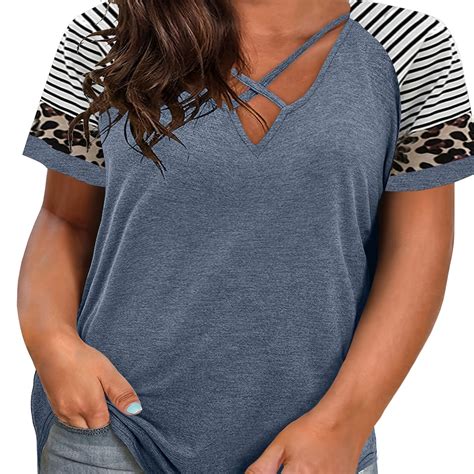 Plus Size Colorblock Leopard Print Short Sleeve T-shirt, Women's Plus ...