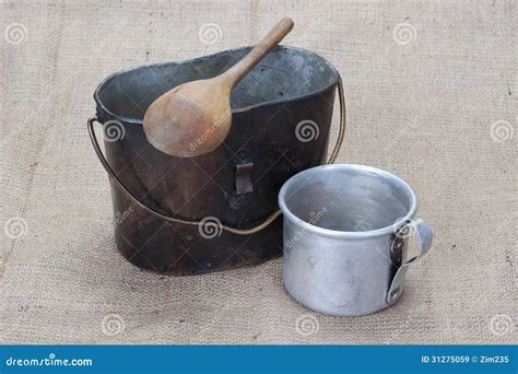 ww period mess kit wooden spoon  aluminium mug stock image image