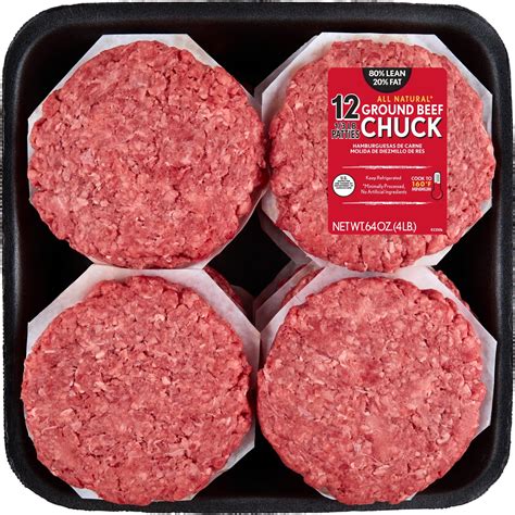 All Natural* 80% Lean/20% Fat Ground Beef Chuck Patties, 12 Count, 4 l