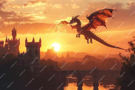 Premium Photo | Firebreathing dragon flying over a medieval castle