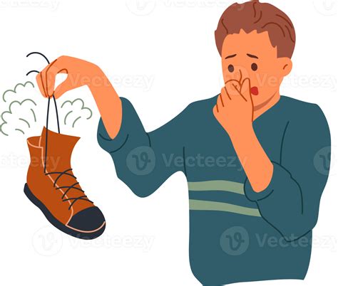 Smelly shoe in hands of man suffering from bad odor and symptoms of