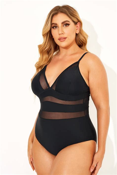 Black Mesh V-neck Women One Piece Swimsuit - Meet.Curve - Meet.Curve