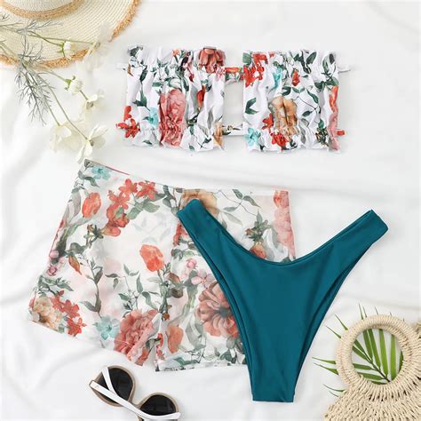 Three Pieces Swimsuit Female Women Sexy Print Sexy Skinny Split Bathing