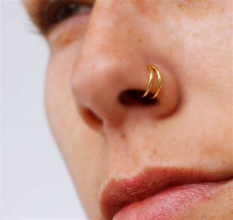 Small Gold Nose Ring Hoop Double Nose Ring for Single | Etsy